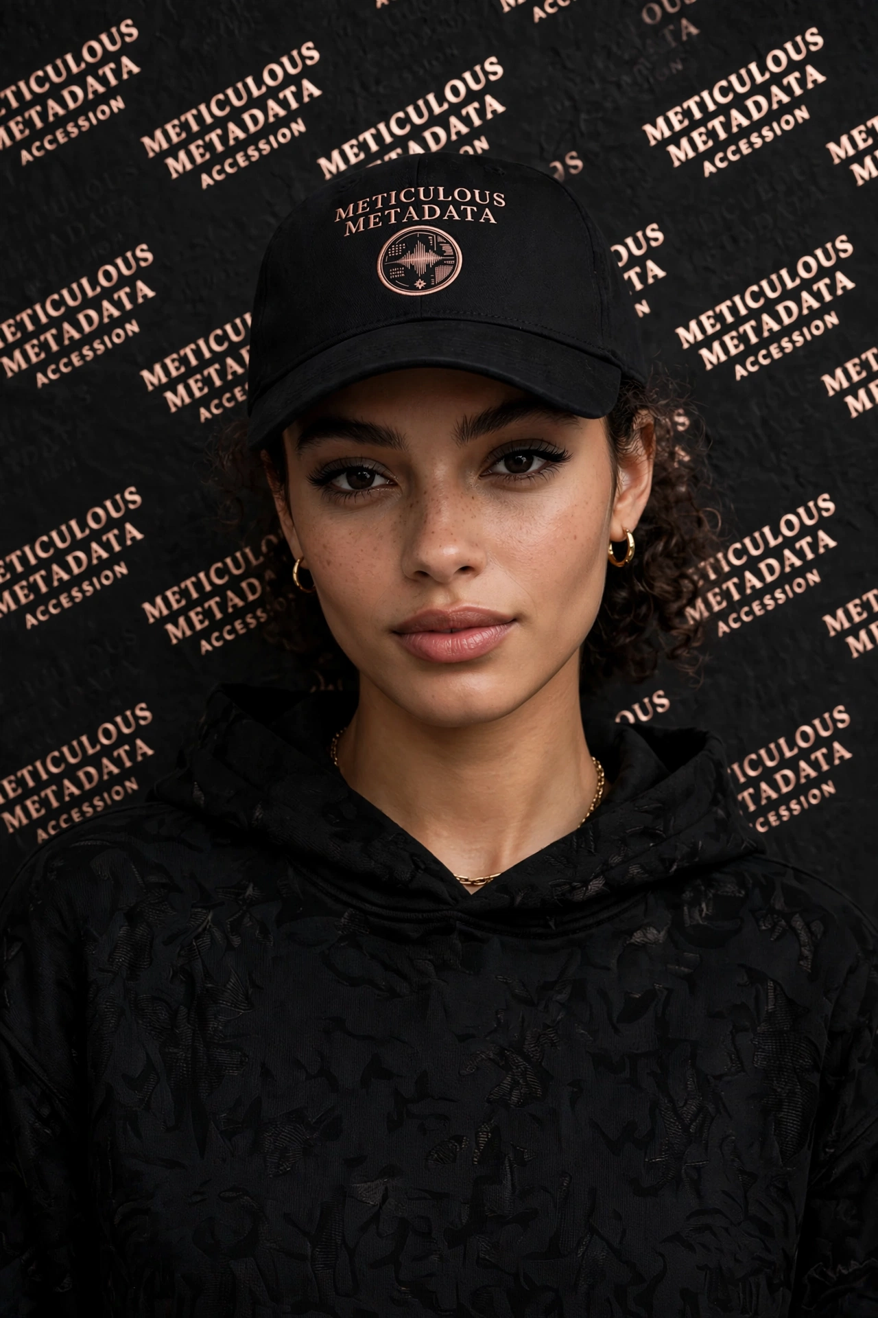 Model wearing the Meticulous Metadata cap against a branded step-and-repeat wall