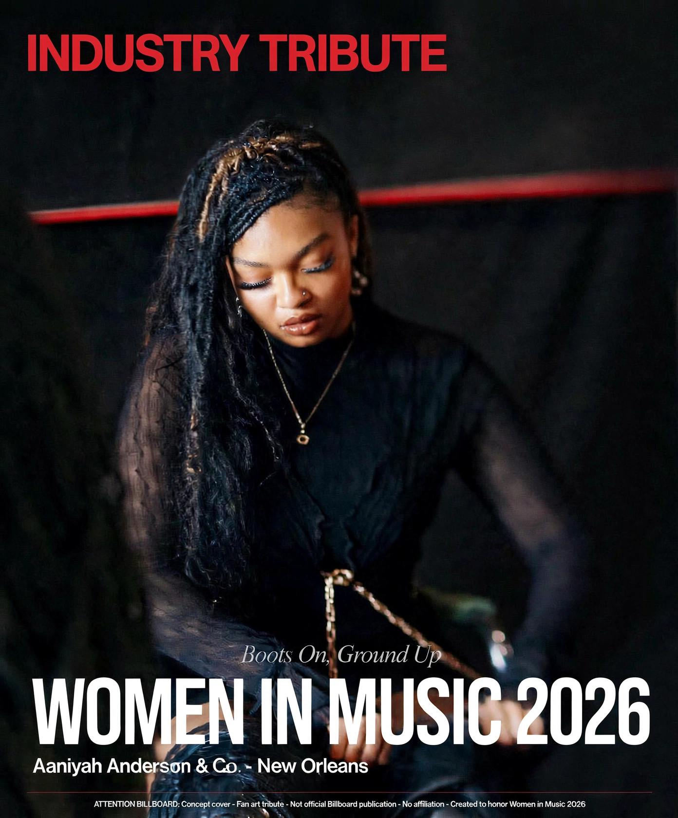 Industry Tribute concept cover — Aaniyah Anderson performing in black lace, Women in Music 2026, Boots On Ground Up