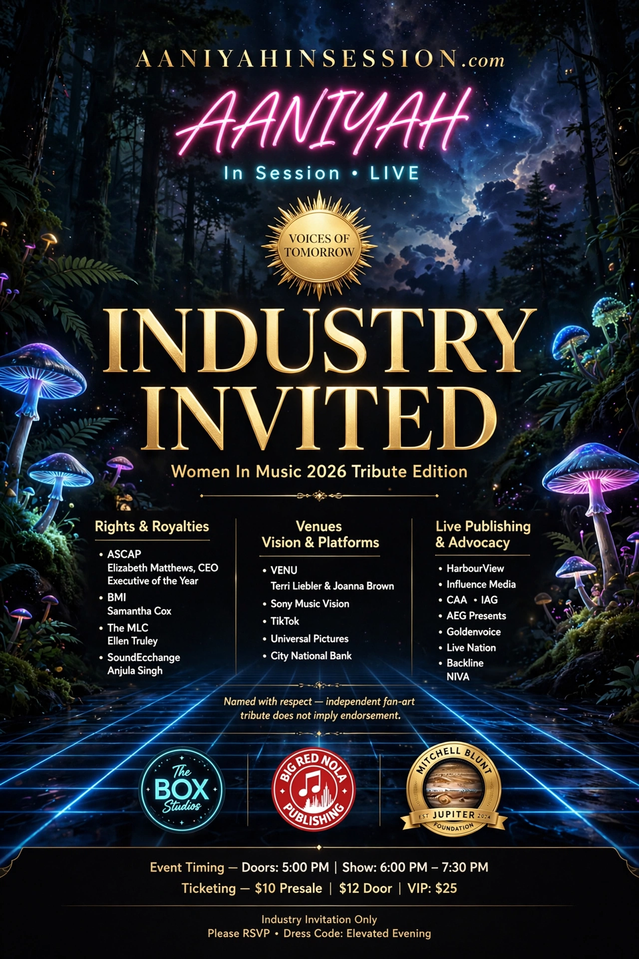 Aaniyah In Session · LIVE Industry Invited invitation, Women In Music 2026 Tribute Edition, listing rights, venue, and publishing organizations over a neon forest field.