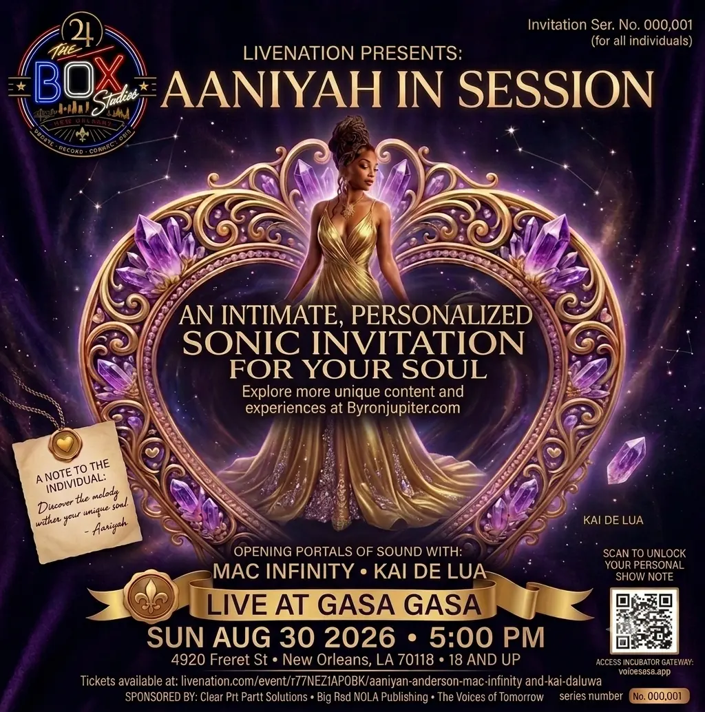 Gold-and-amethyst invitation poster for Aaniyah In Session, live at Gasa Gasa, Sunday August 30, 2026