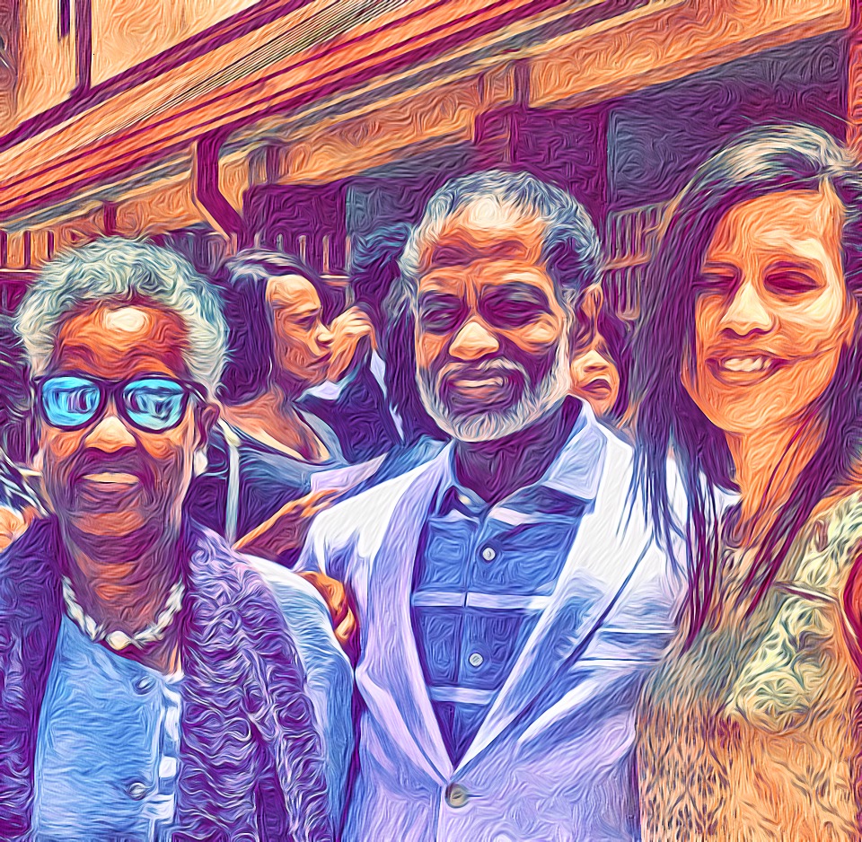 A painterly portrait of Momma Peggy with family members outside a New Orleans building.