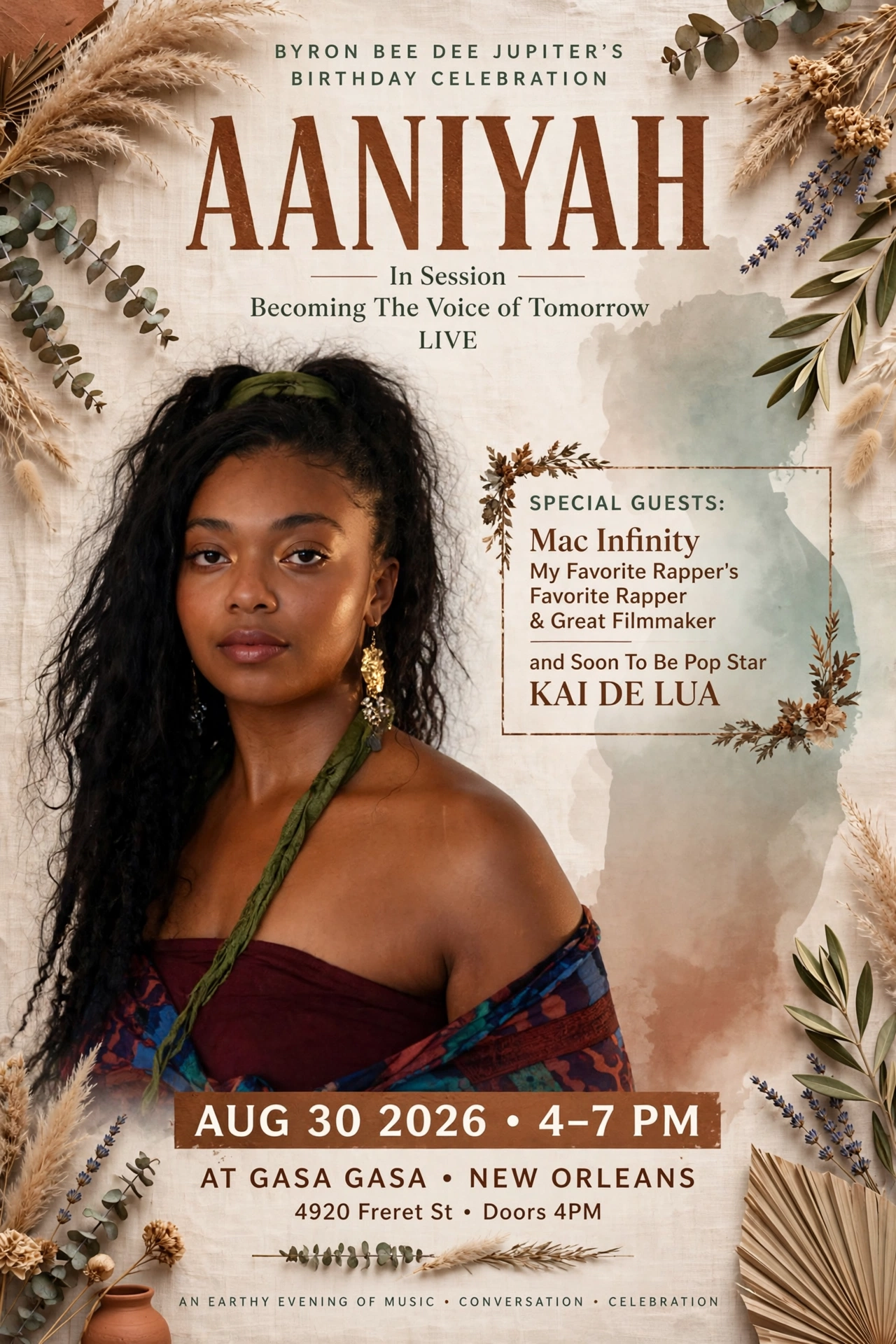 Earthy poster: Aaniyah In Session, Becoming The Voice of Tomorrow, Aug 30 2026 at Gasa Gasa