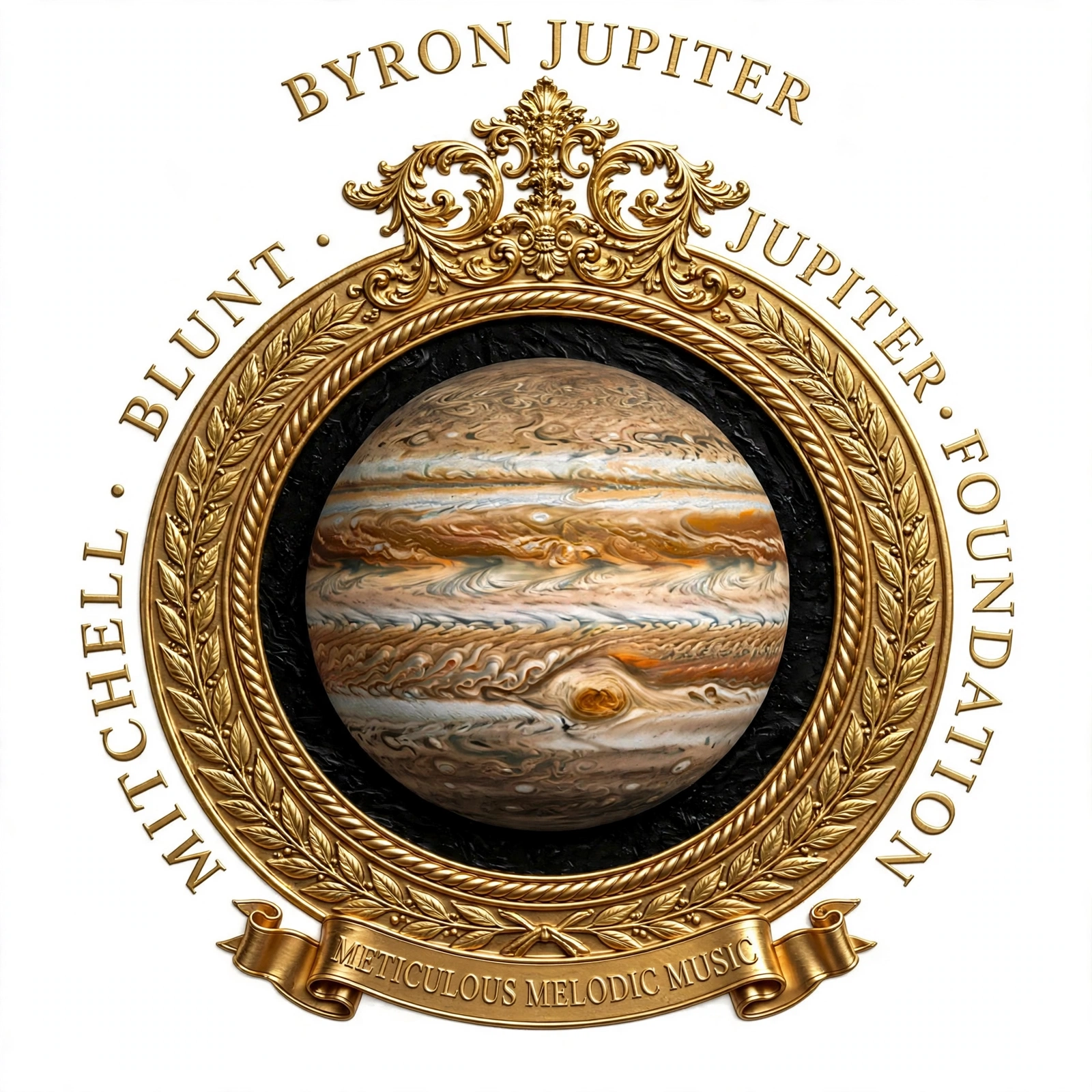 Byron Jupiter Mitchell Blunt Jupiter Foundation crest, ornate gold frame with Jupiter and the Meticulous Melodic Music banner.