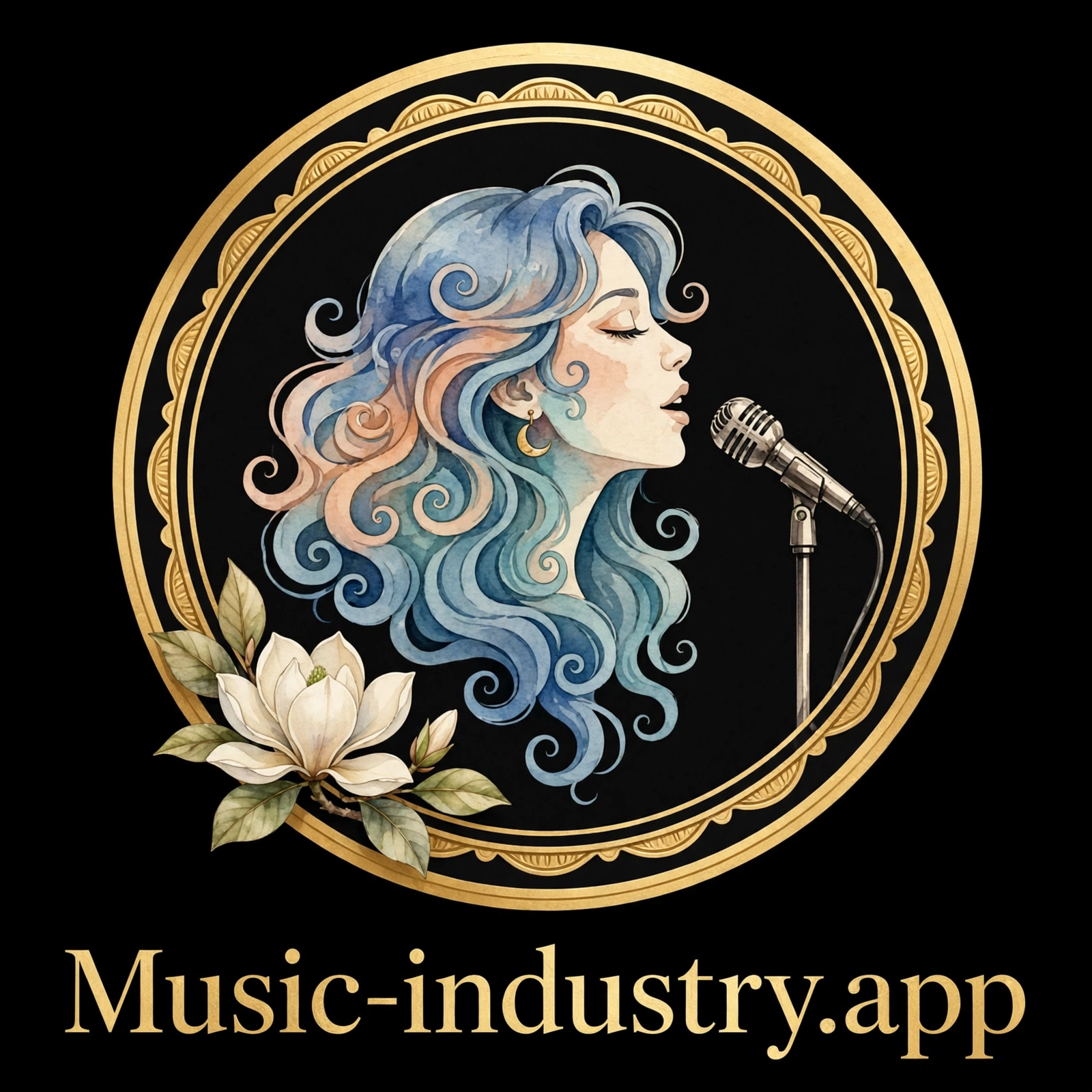 Music-industry.app seal: a watercolor vocalist singing into a ribbon microphone inside a gold medallion with a magnolia bloom, on black
