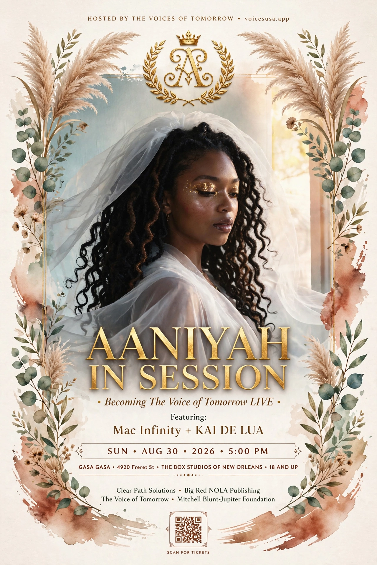 Aaniyah in Session poster with laurel monogram — Gasa Gasa, Aug 30 2026