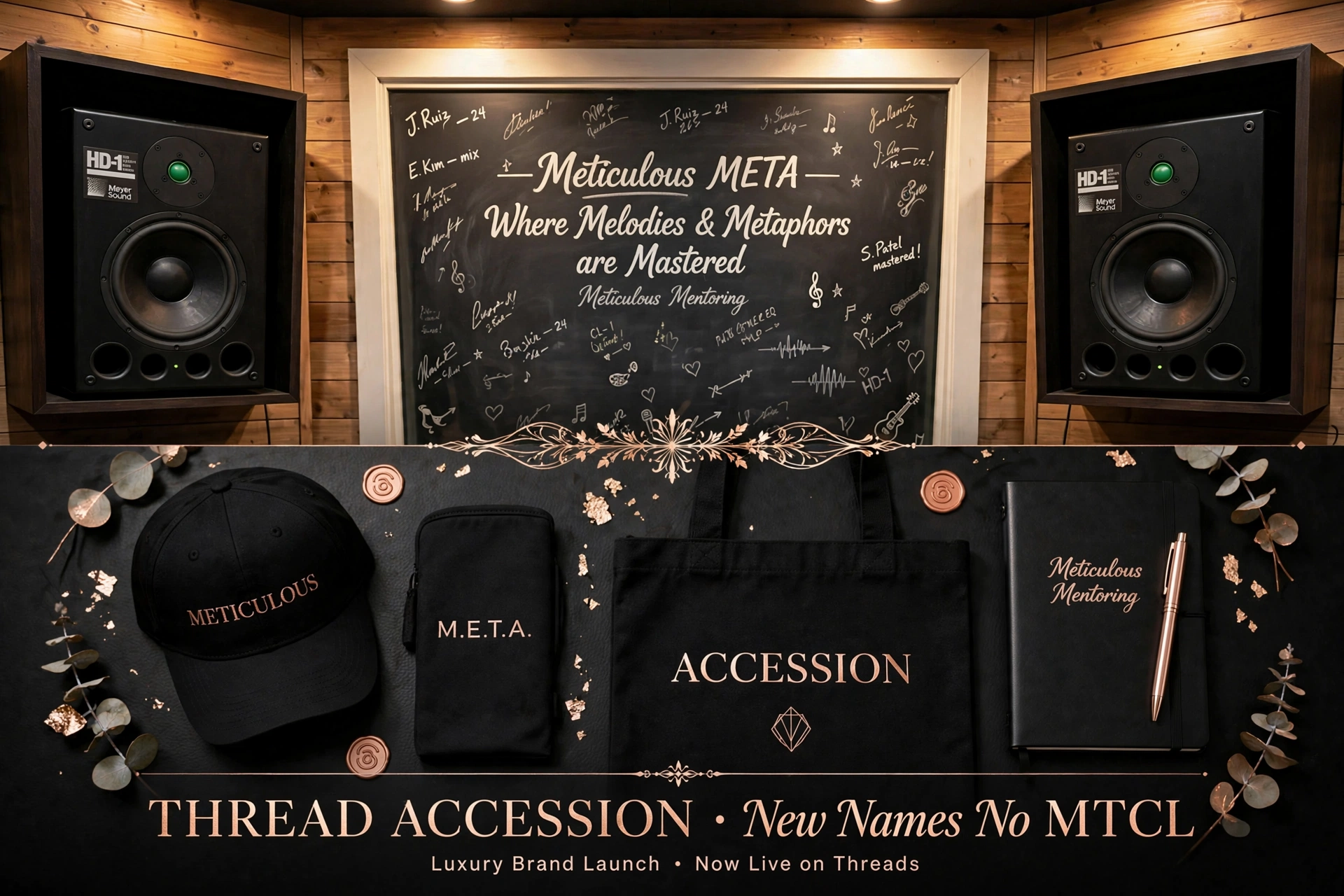 Meticulous META chalkboard with signatures above the Thread Accession product line
