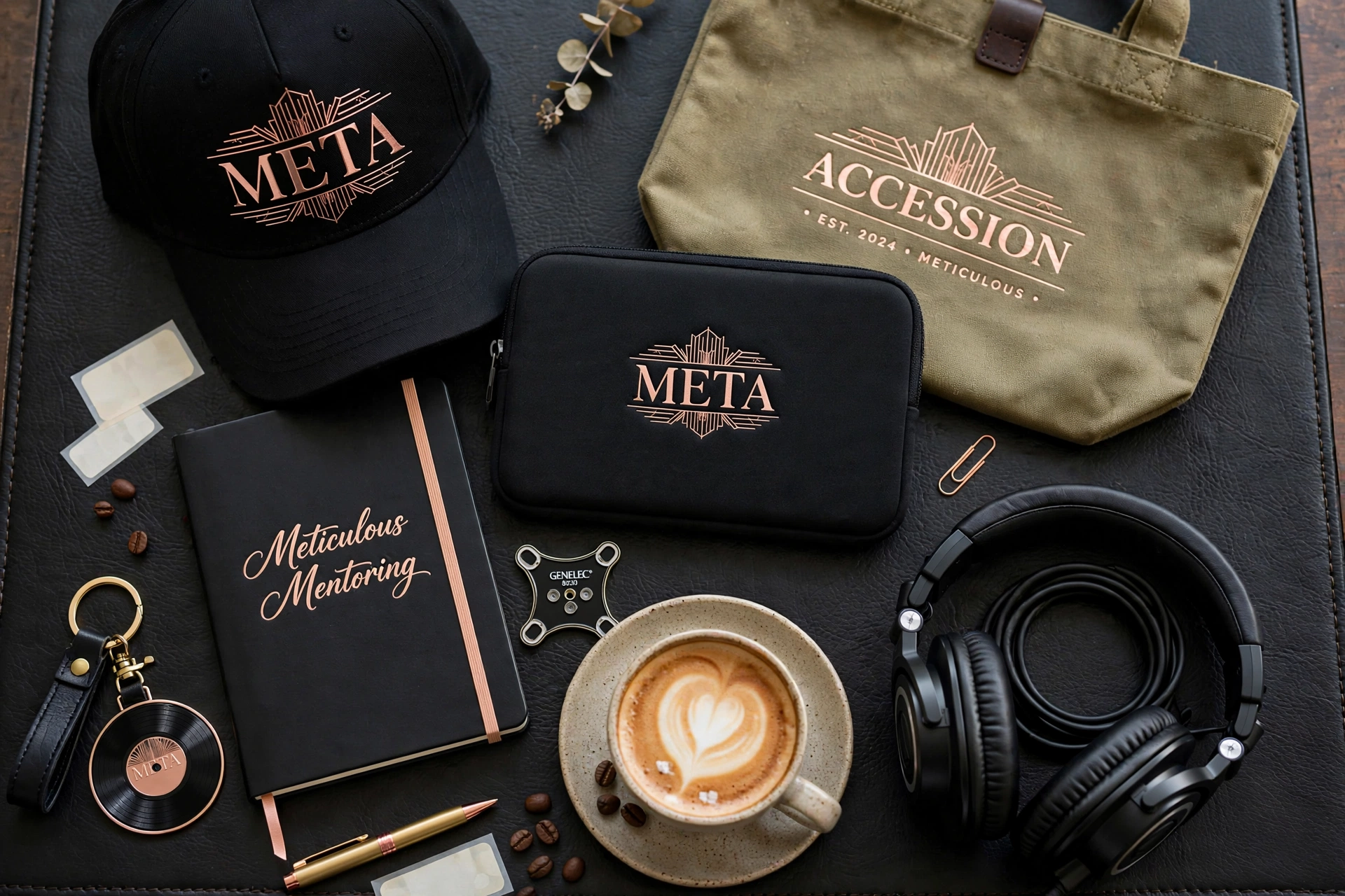 M.E.T.A. cap, Meticulous Mentoring journal, laptop sleeve, and Accession tote flatlay