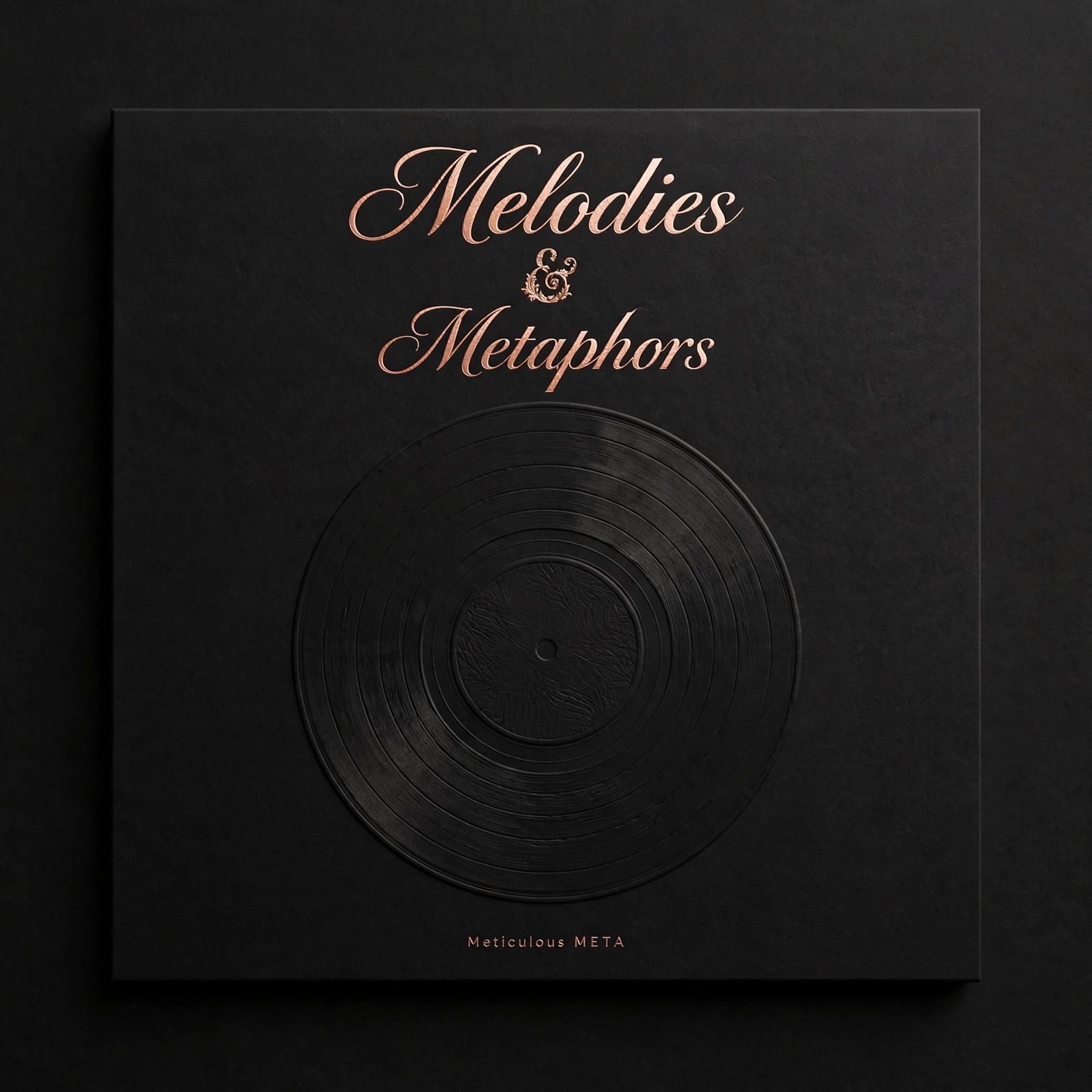 Melodies & Metaphors cover art: rose-gold script on a black embossed sleeve with a debossed vinyl record, marked Meticulous META.