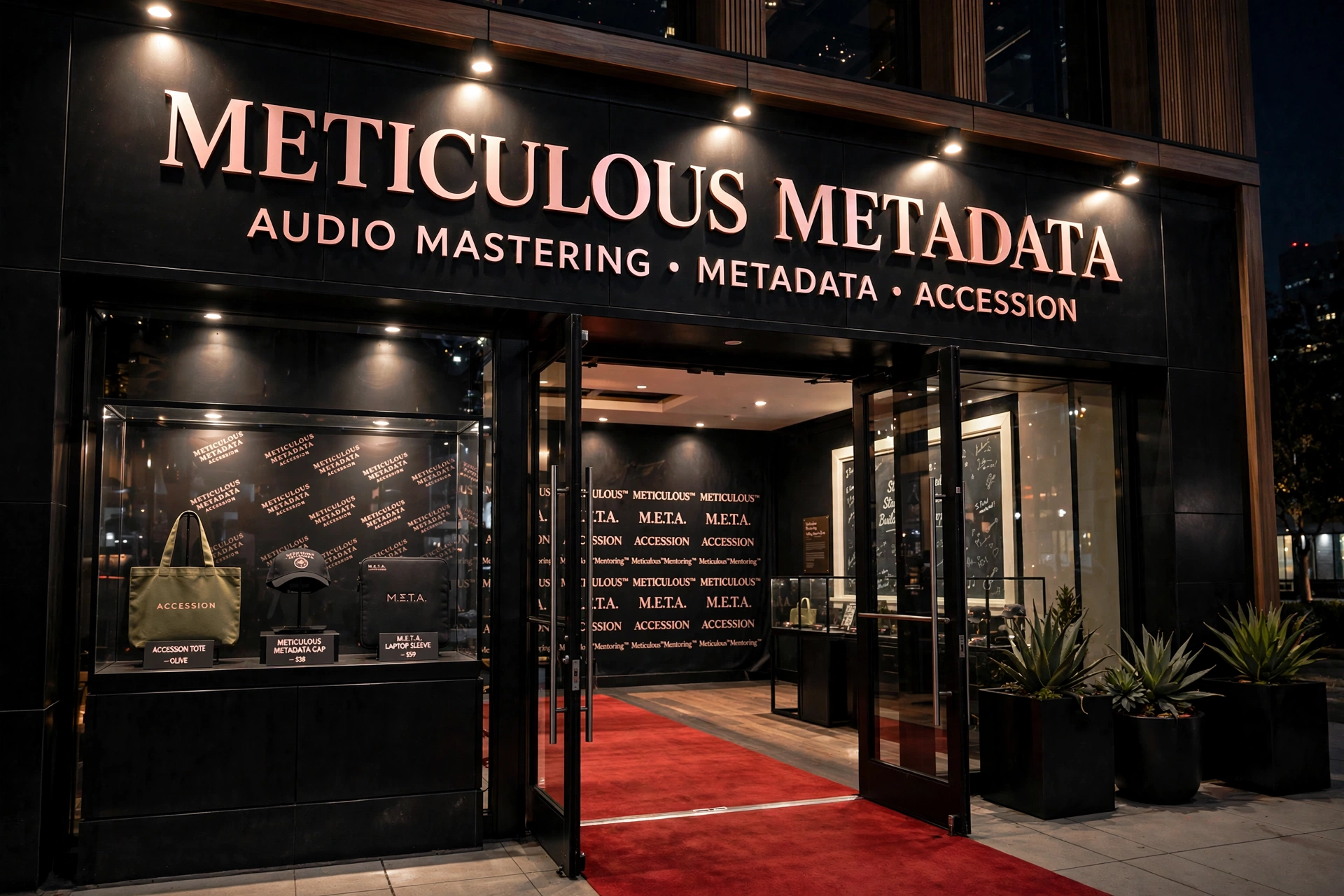 Meticulous Metadata storefront at night — audio mastering, metadata, accession