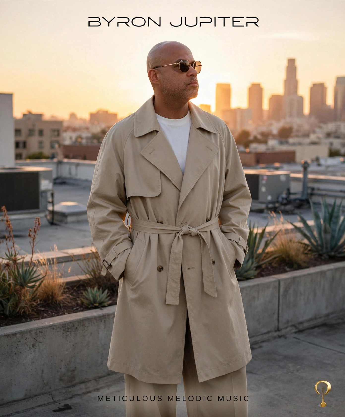 Byron Jupiter in a tan trench coat on a rooftop at sunset with a city skyline behind him, under the Meticulous Melodic Music wordmark.