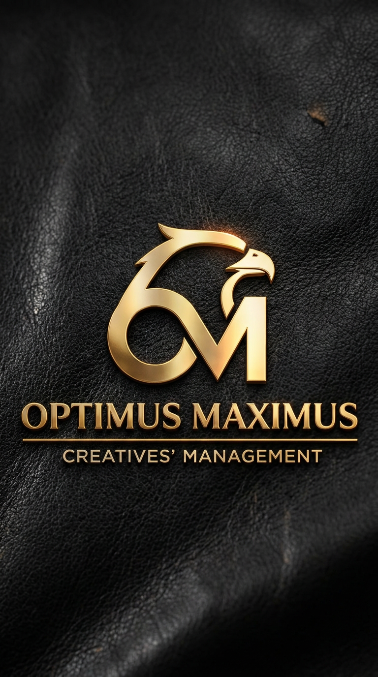 Optimus Maximus Creatives' Management gold eagle monogram in Maximus Gold, embossed on black leather