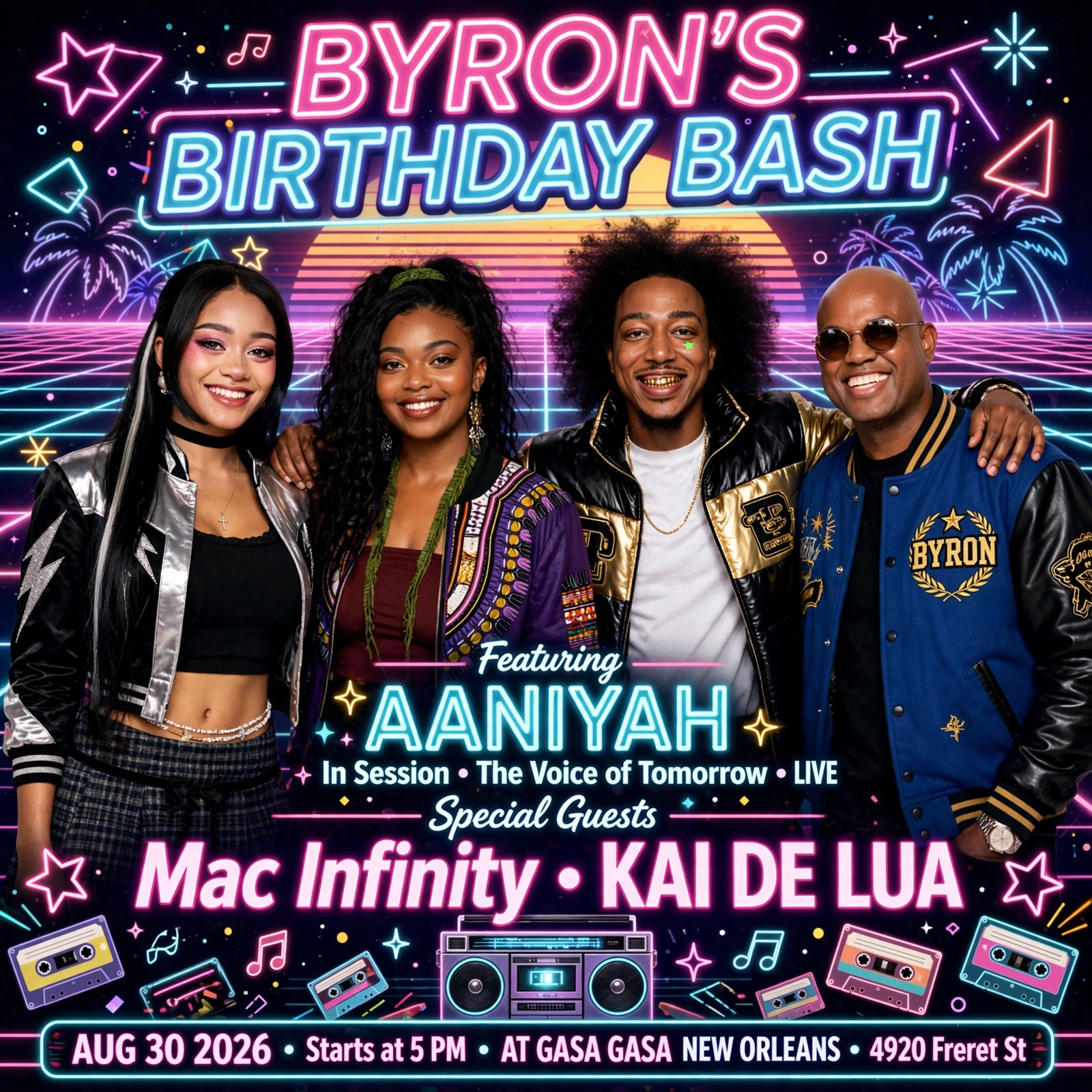 Neon synthwave group poster: Byron's Birthday Bash with Aaniyah, Mac Infinity, Kai De Lua and Byron Jupiter, Aug 30 2026 at Gasa Gasa