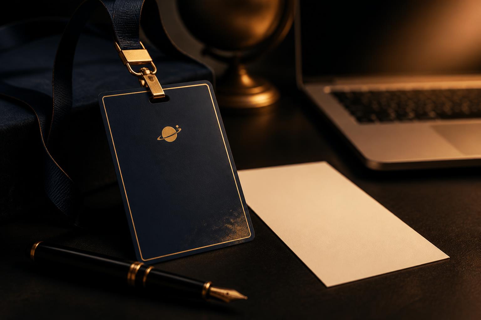 Navy and gold event credential on a lanyard beside a blank card, fountain pen, and laptop on a dark desk