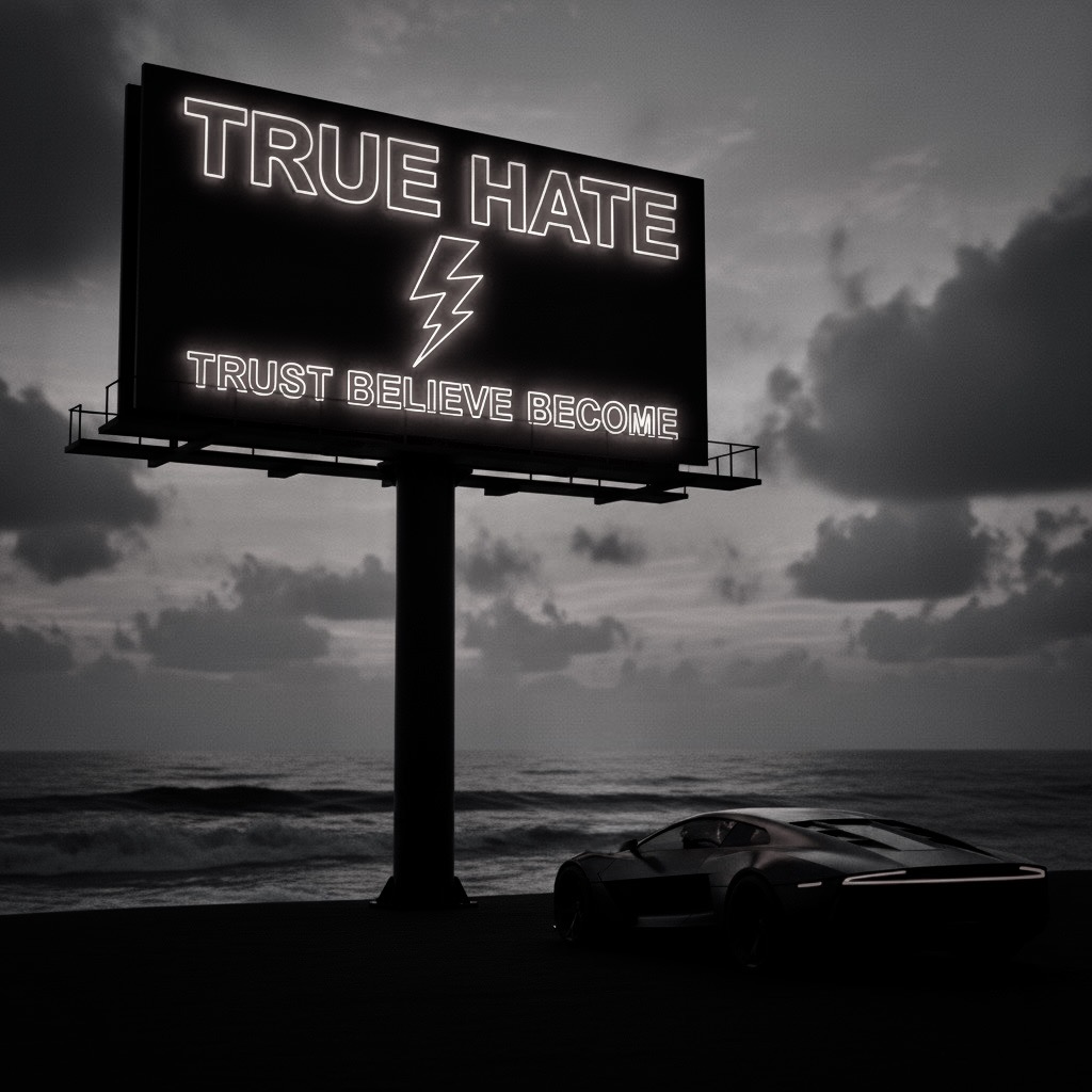 True Hate billboard — Trust · Believe · Become — neon signage above the ocean at dusk
